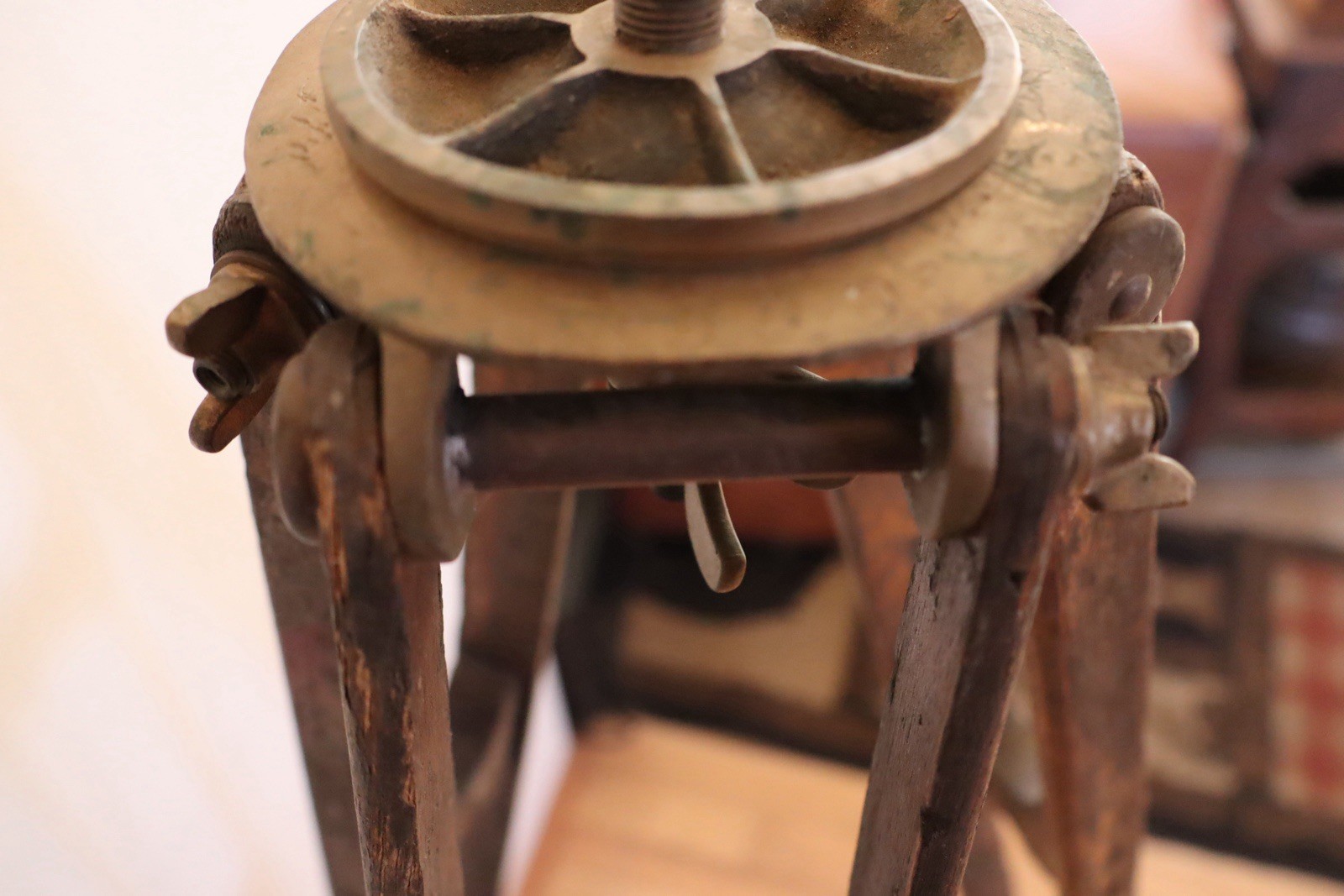 Antique Wood Survey Tripod Oak And Brass