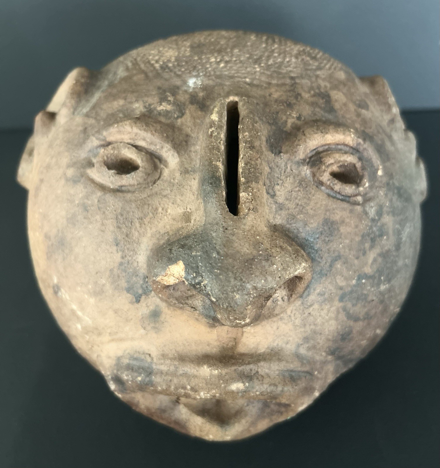 Antique Pre Columbian Clay Pottery Head Coinbank From Veracruz, Mexico 7.5”