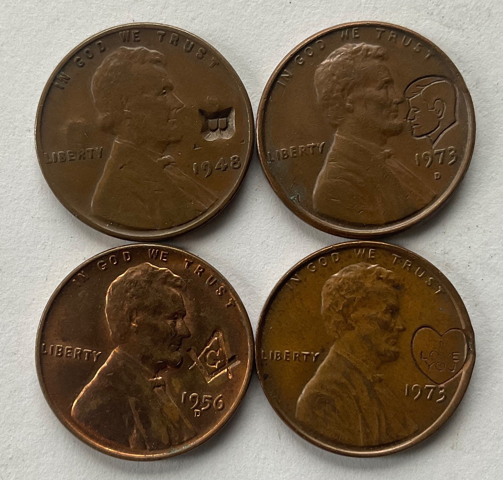 (4) LINCOLN WHEAT & MEMORIAL CENT OBVERSE STAMPED=KENNEDY-MASON-I LOVE YOU