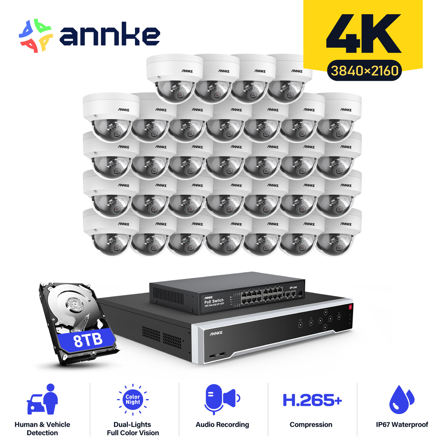 ANNKE 32CH 12MP NVR 4K POE AI Security Camera System Color Night Audio Recording