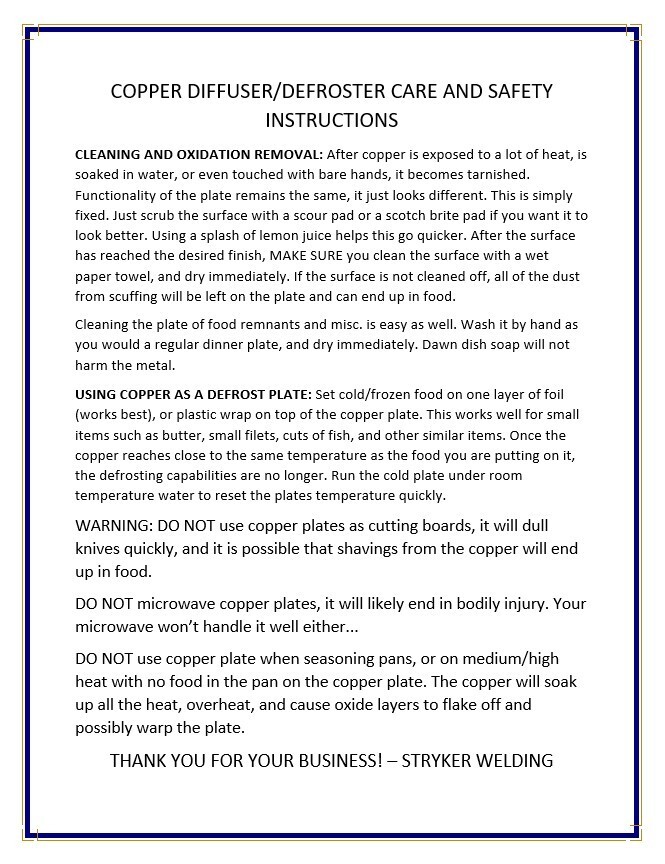 1/8” Thick Pure Copper Heat Diffuser 12”Square Stove Topper Defrost Plate