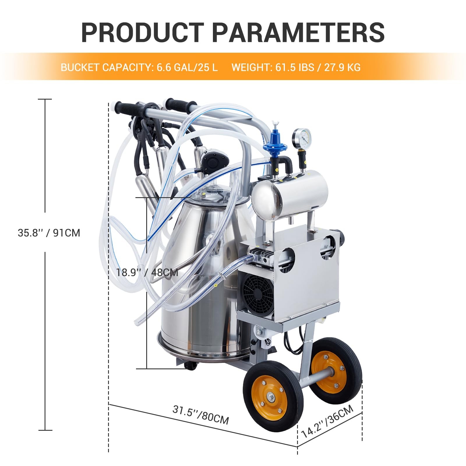 Portable Electric Milking Machine for Cows & Goats W/25L Bucket,Adjustable Press