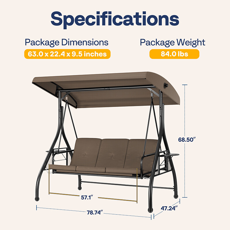 3-Seat Outdoor Converting Swing Chair w/ Canopy Outdoor Porch Swing Chair &Stand