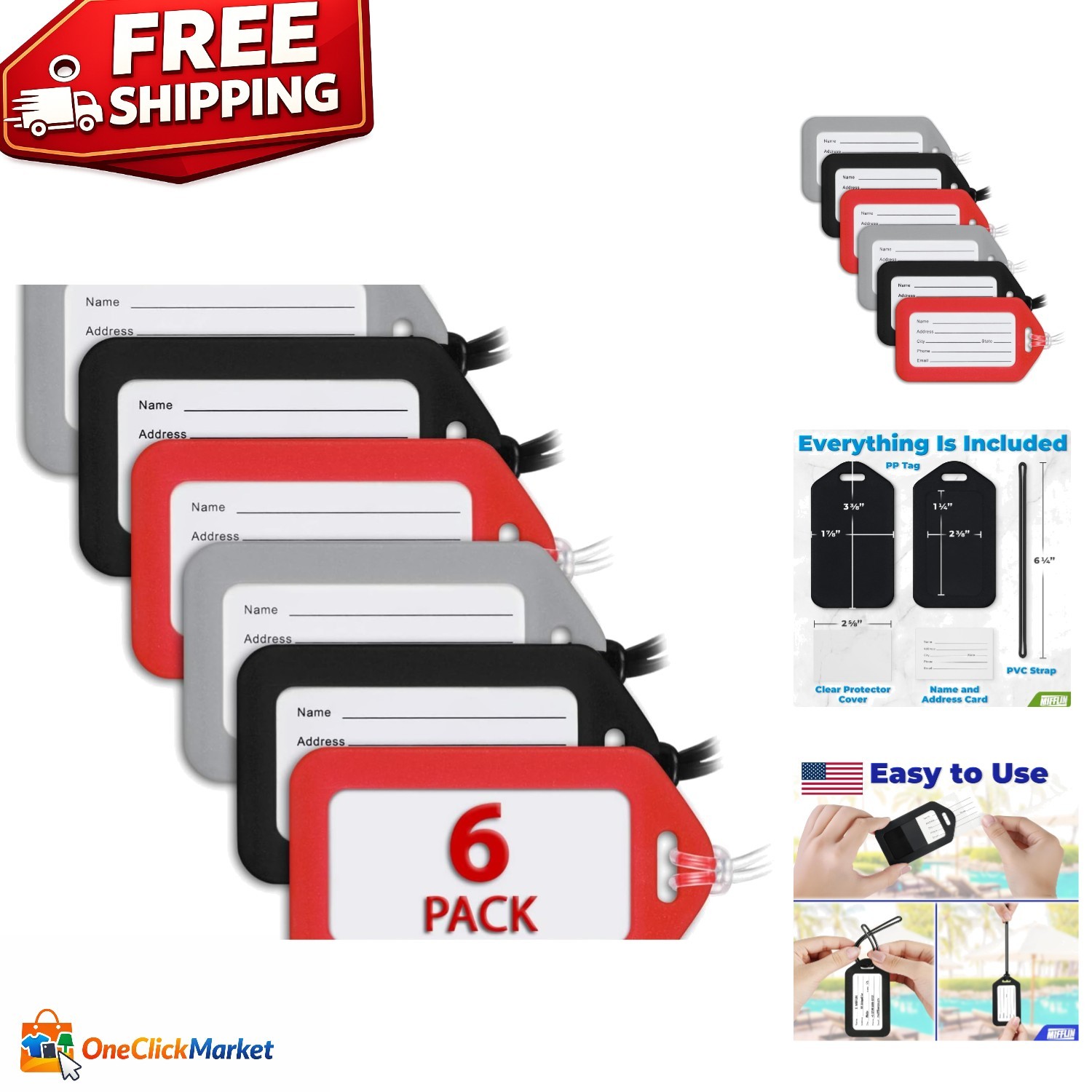 Reliable Luggage Tags Set - 6 PVC Tags with Protective Film for Travel Ease