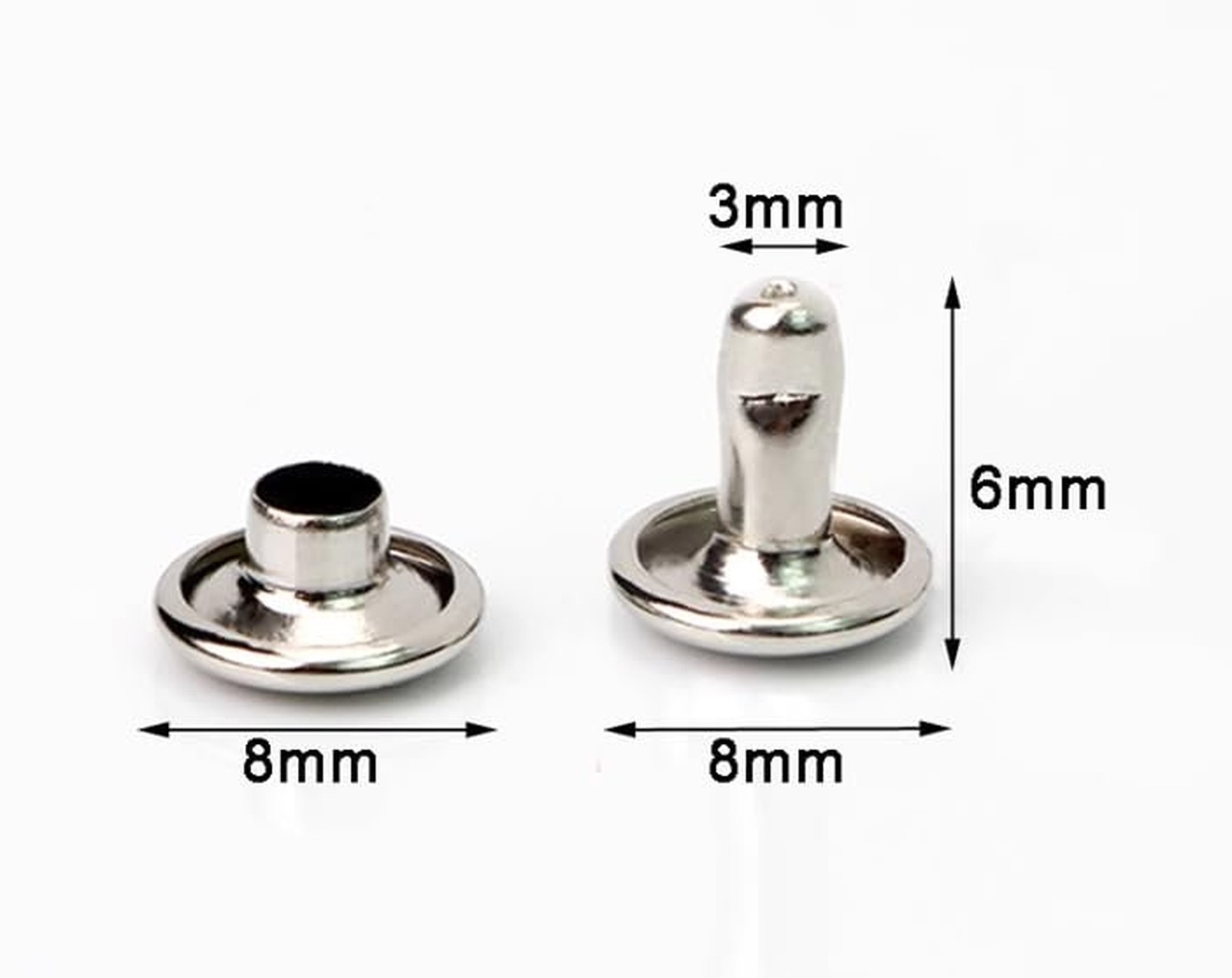 Silvery Double Cap Rivets Plane Cap 8mm and Post 6mm Pack of 200 Sets