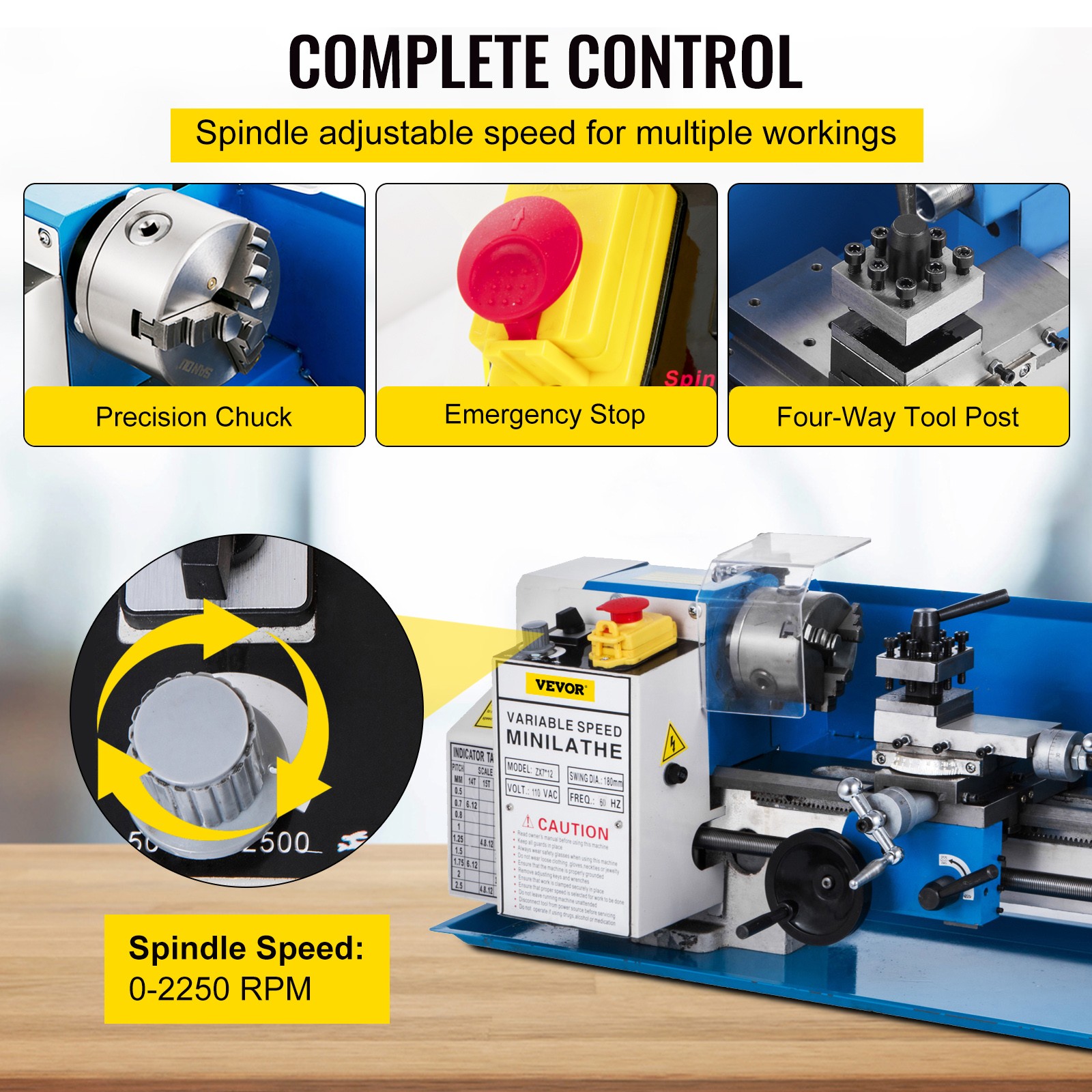 VEVOR Bench Top Mini Metal Milling Lathe 7x12 Variable Speed 0-2250 RPM w/ Lamp