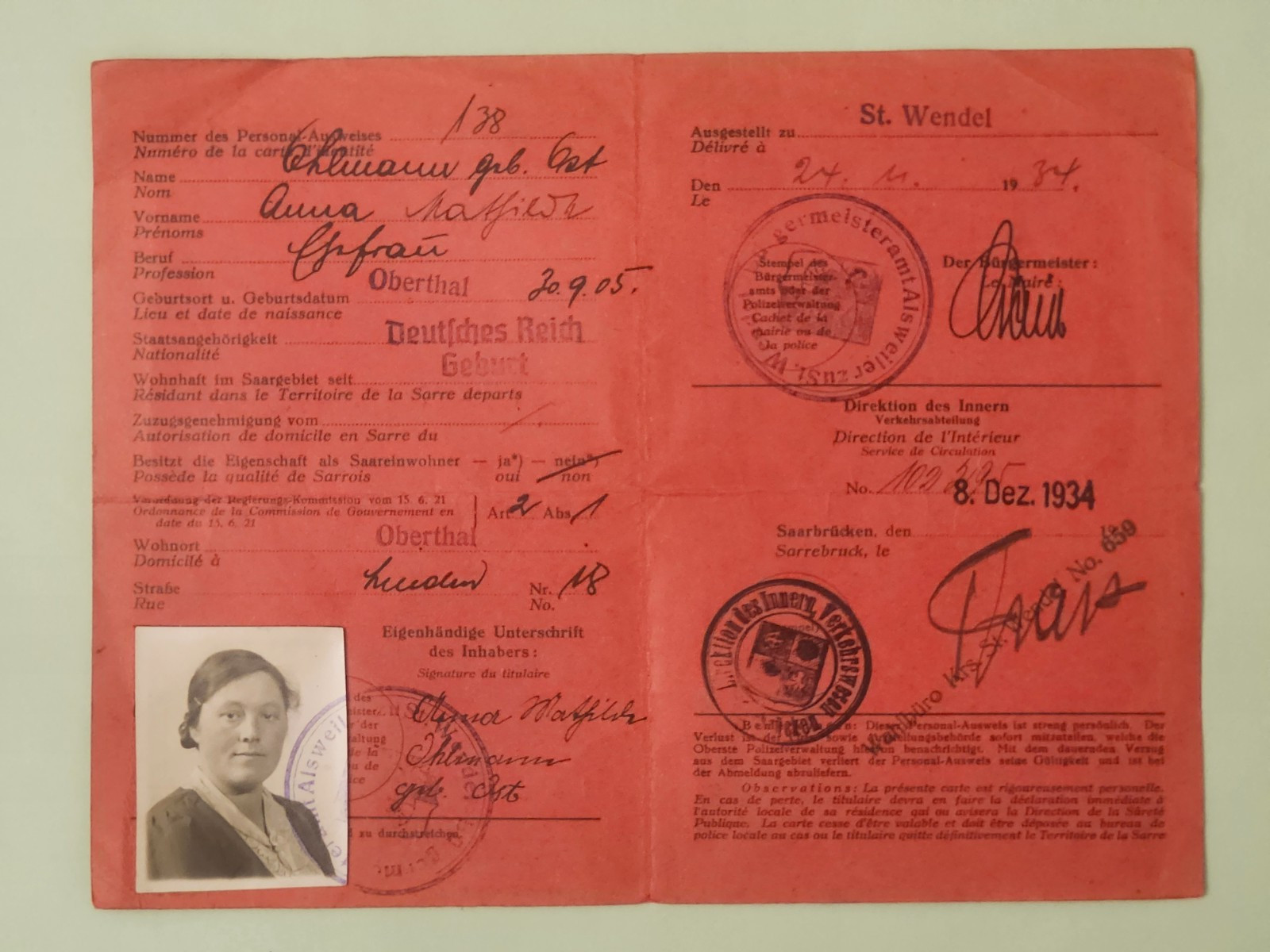 WW2 Germany.  Personal-Ausweis Saar  1934.