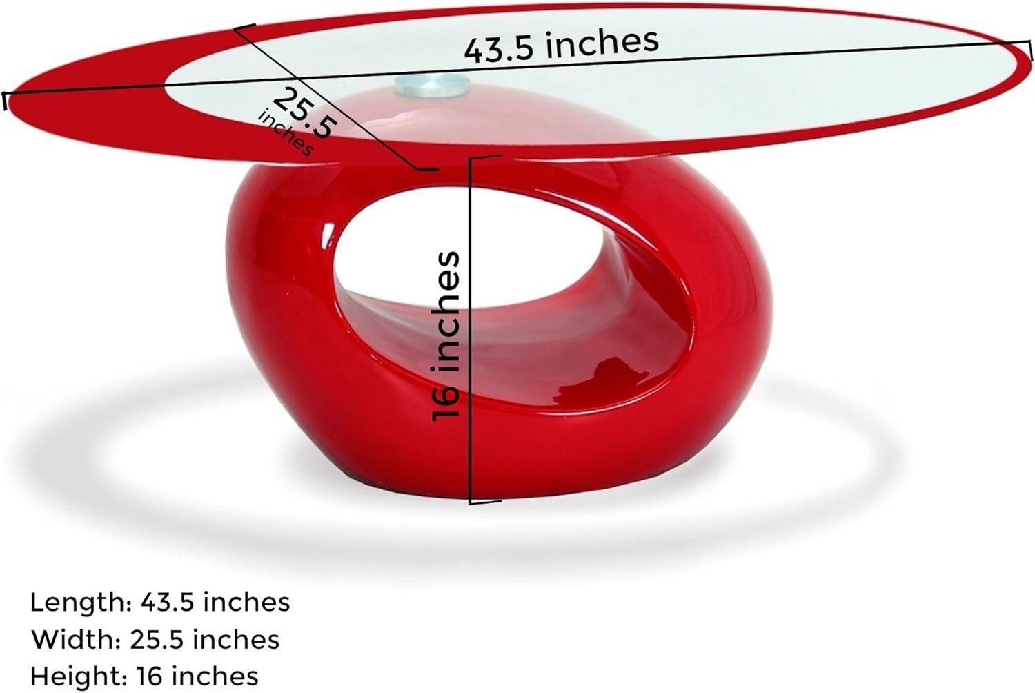 Red High Gloss Coffee Table 10mm Tempered Glass Flat, Top Oval Modern Base