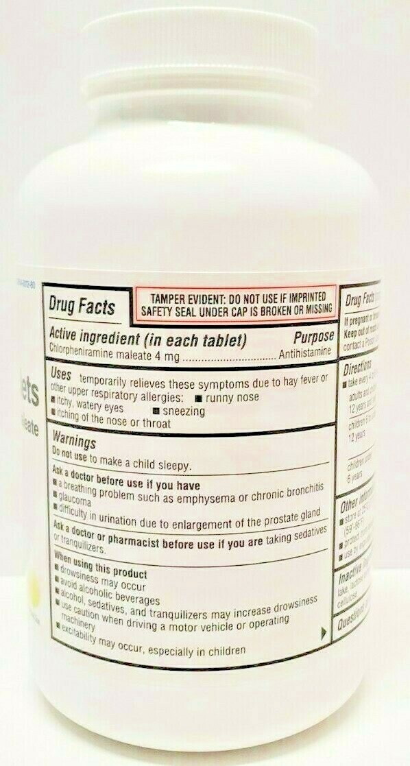 Major Chlorpheniramine 4mg Allergy Tablets 1000ct -Expiration Date 05-2026