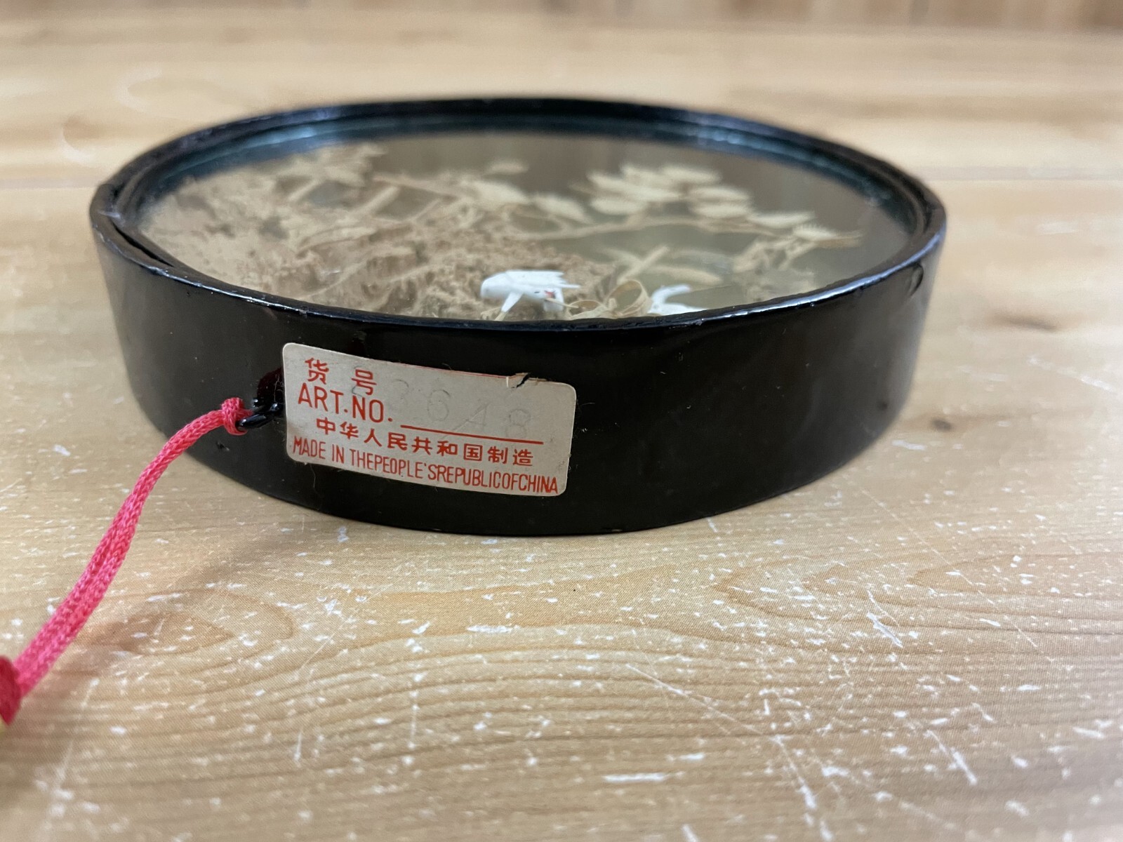 Vintage Chinese Cork Carving Wall Art Pagoda Crane Scene Round Framed Decor