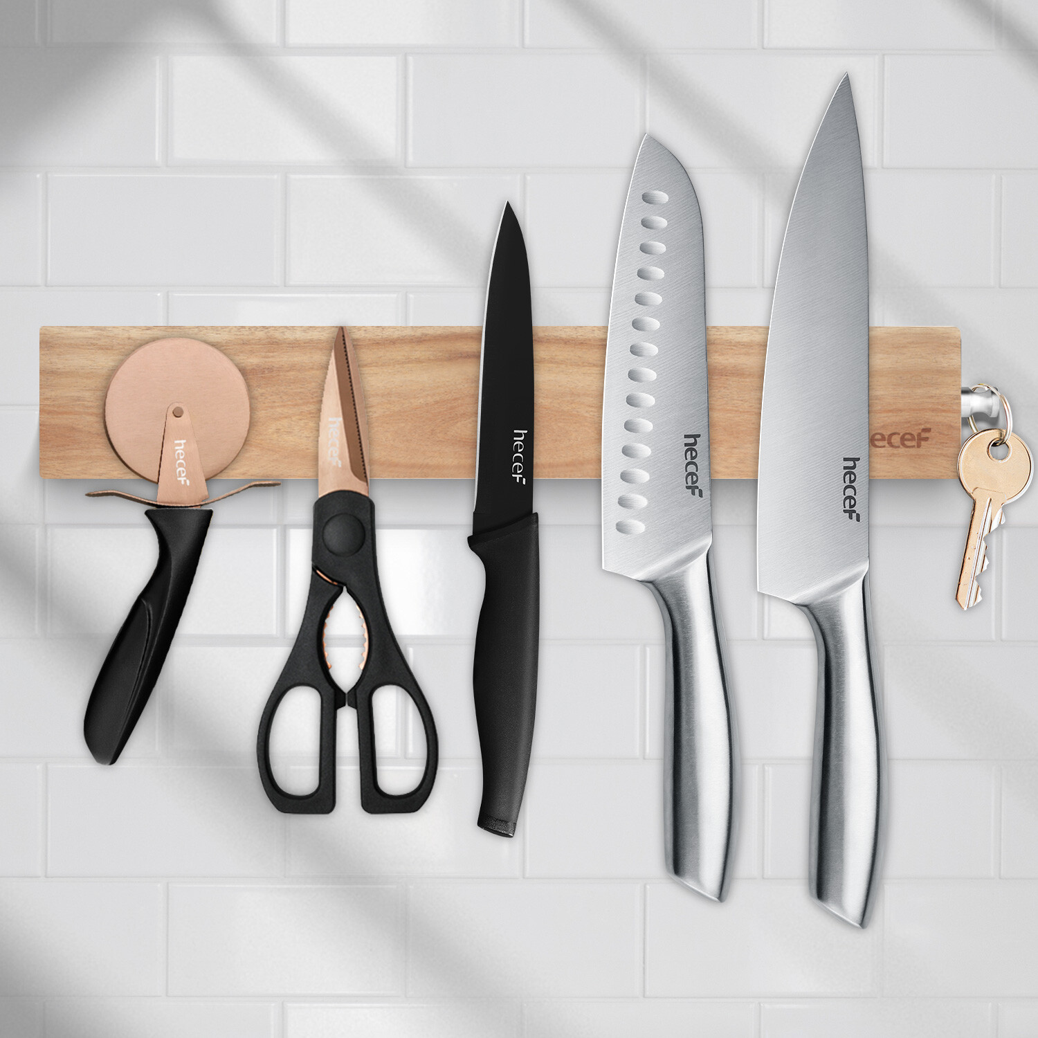 7 Pcs Black Oxide Knife Set w/ Acacia Wood Strong Magnetic Protect Knife Strip