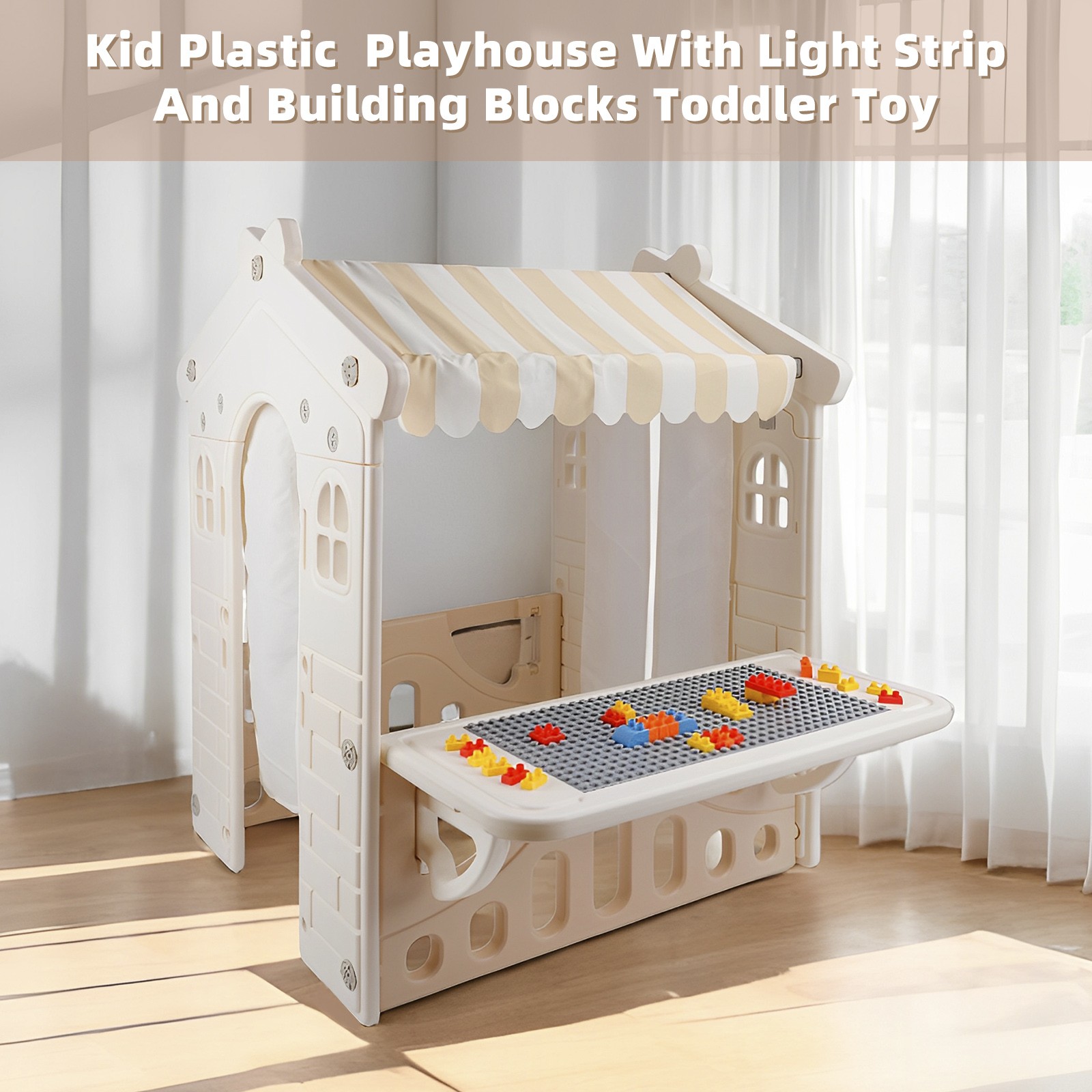 Kid Plastic Outdoor Playhouse With Light Strip And Building Blocks Toddler Toy-