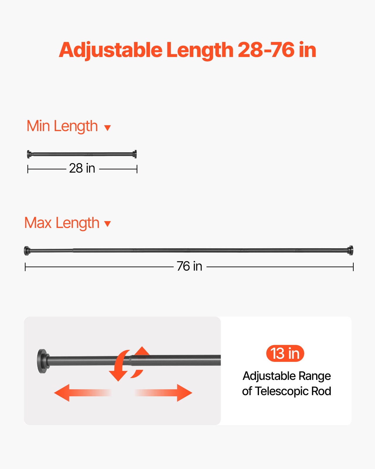 VEVOR Shower Curtain Rod Adjustable Tension Rod 28-76 in Stainless Steel Black