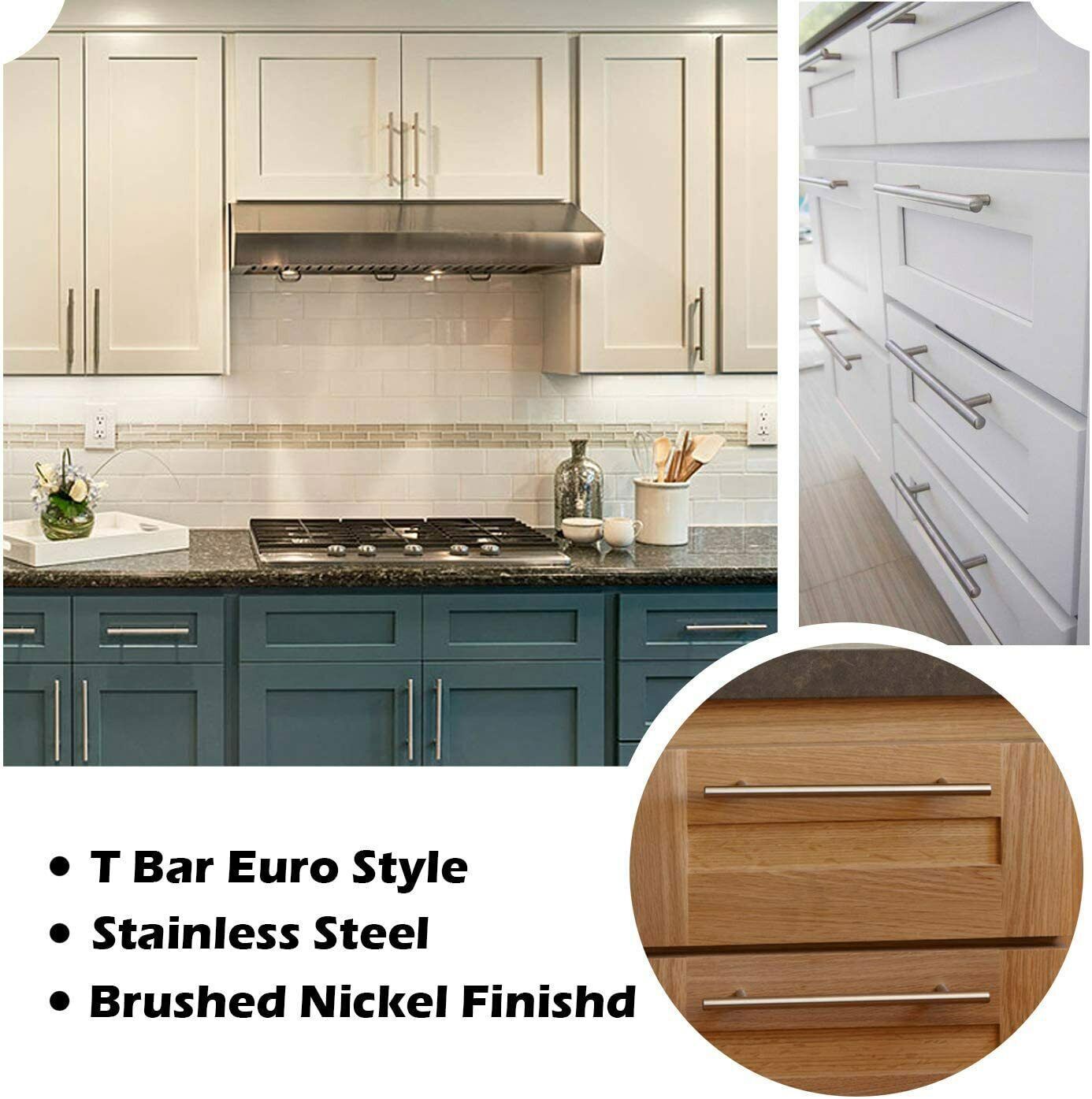 10Pack Brushed Nickel Kitchen Cabinet Pulls Stainless Steel Drawer T Bar Handles