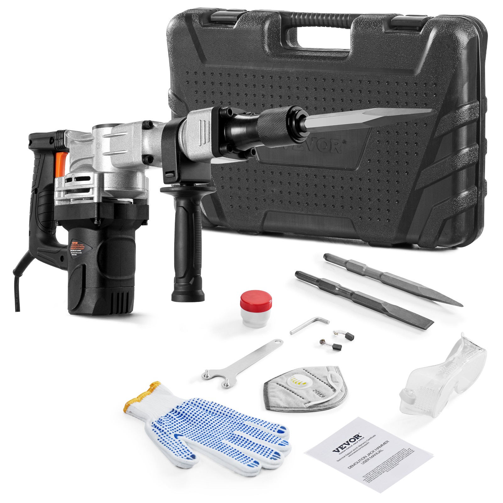 VEVOR Demolition Jack Hammer Concrete Breaker 1400W Hammer 2 Chisel Bit Black