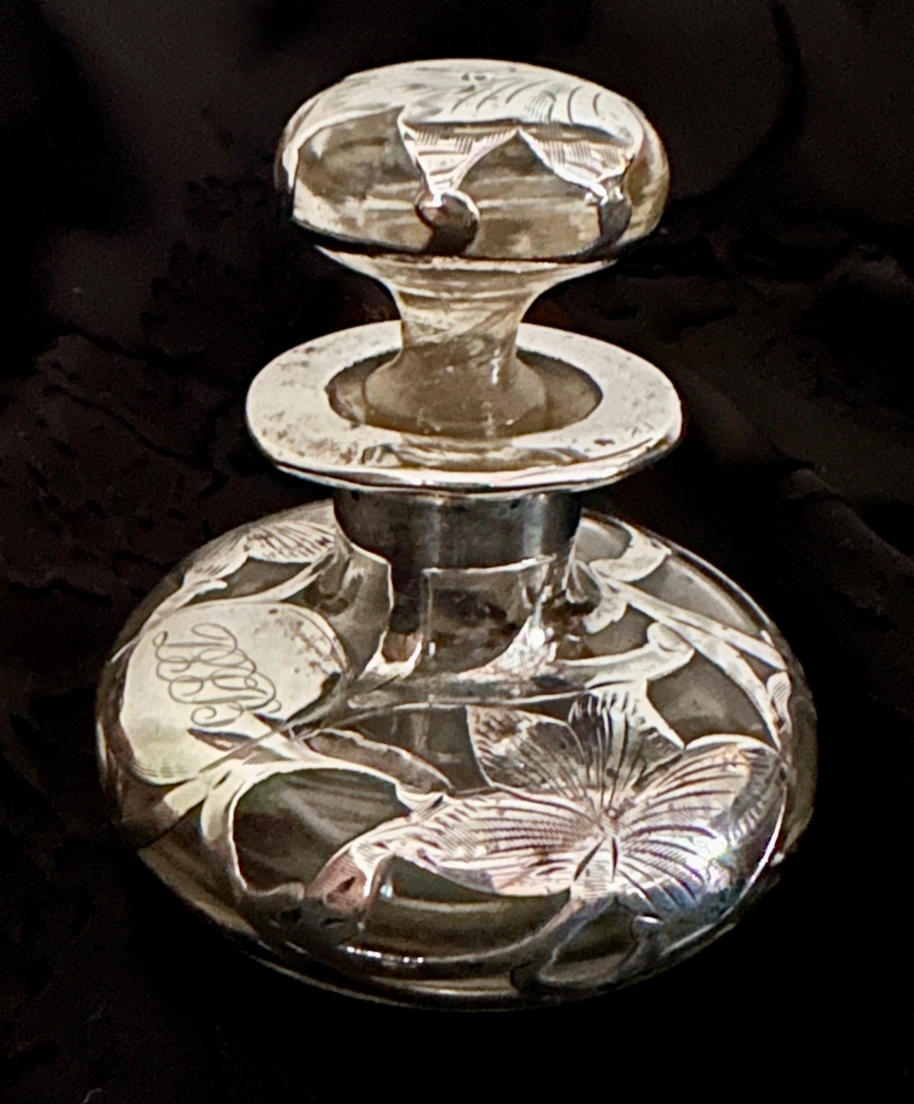 Antique Art Nouveau Sterling Silver Overlay Clear Glass Scent/Perfume Bottle