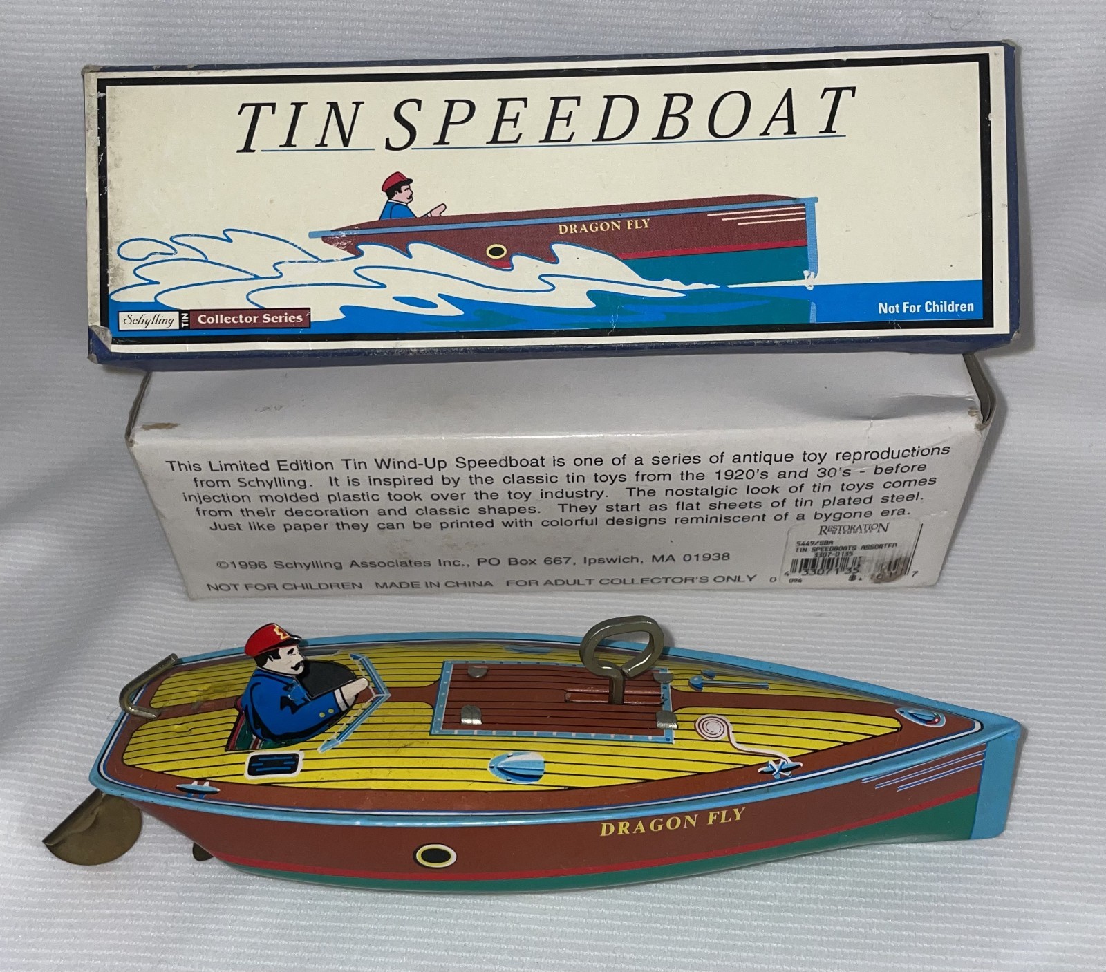 Vintage 1996 Schylling Tin Speed Boat Dragonfly Wind Up Toy Original Box