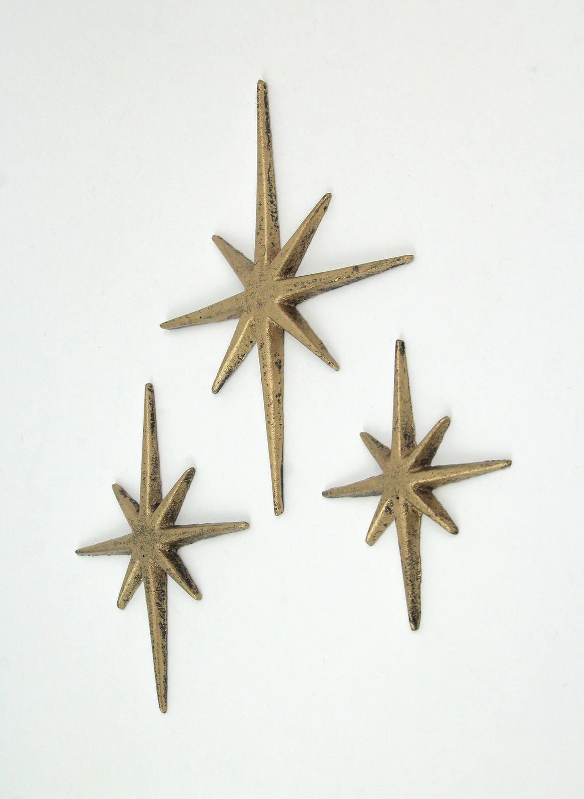 Set of 3 Gold Cast Iron 8 Pointed Starburst Wall Hangings Mid Century Stars