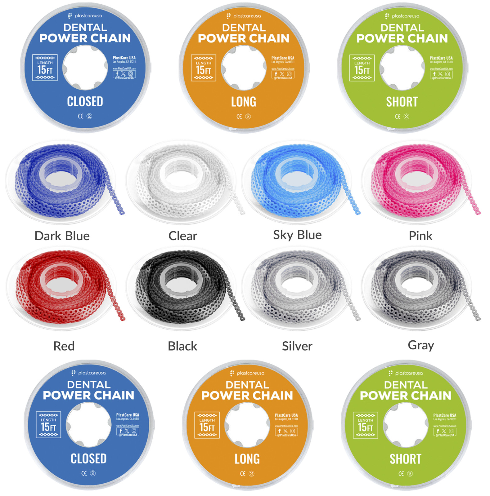 Orthodontic Dental Power Chain for Braces – 15 ft, Short, Long, Closed Elastic