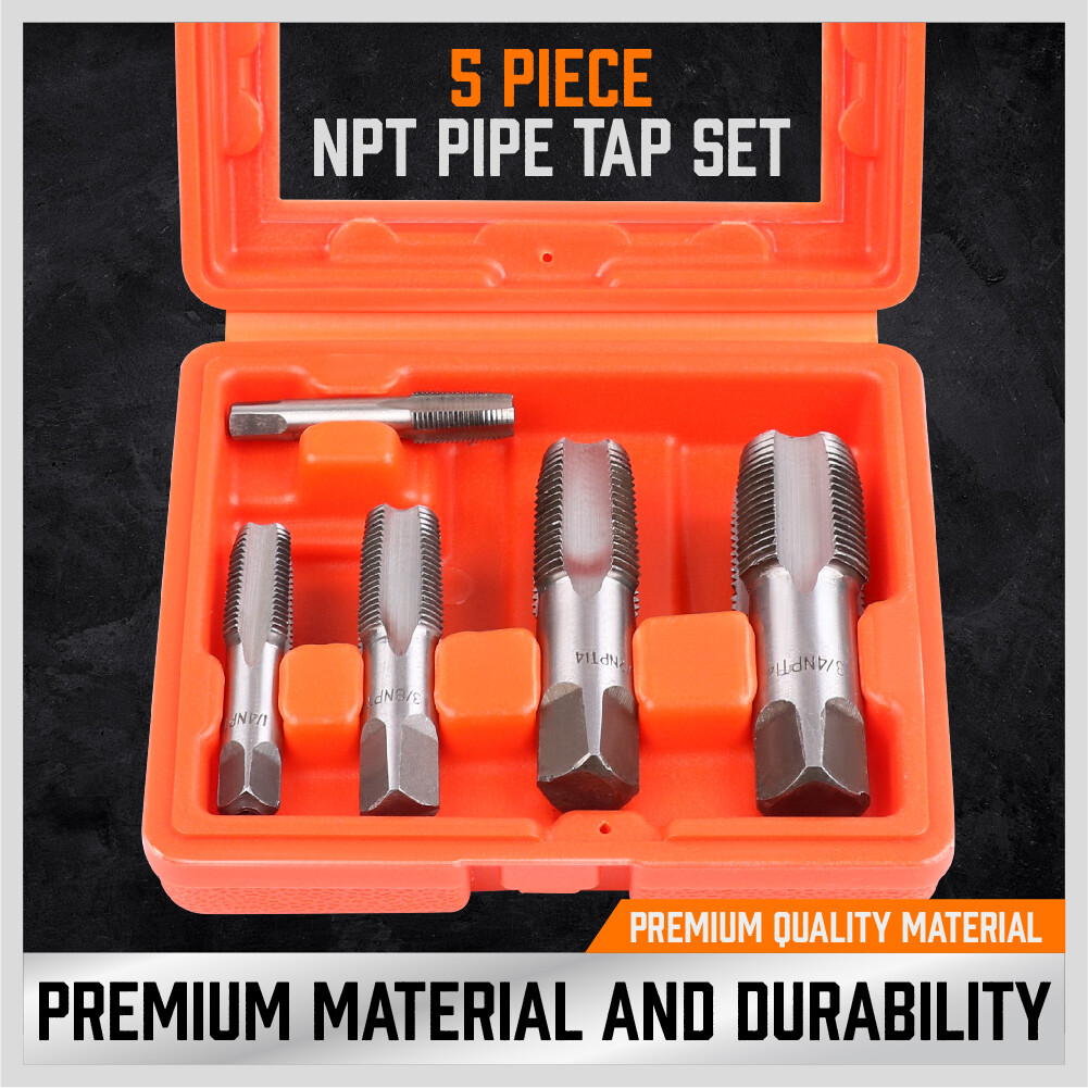 5 Pcs NPT Pipe Tap Set 1/8" 1/4" 3/8" 1/2" and 3/4" With Case Carbon Steel Inch