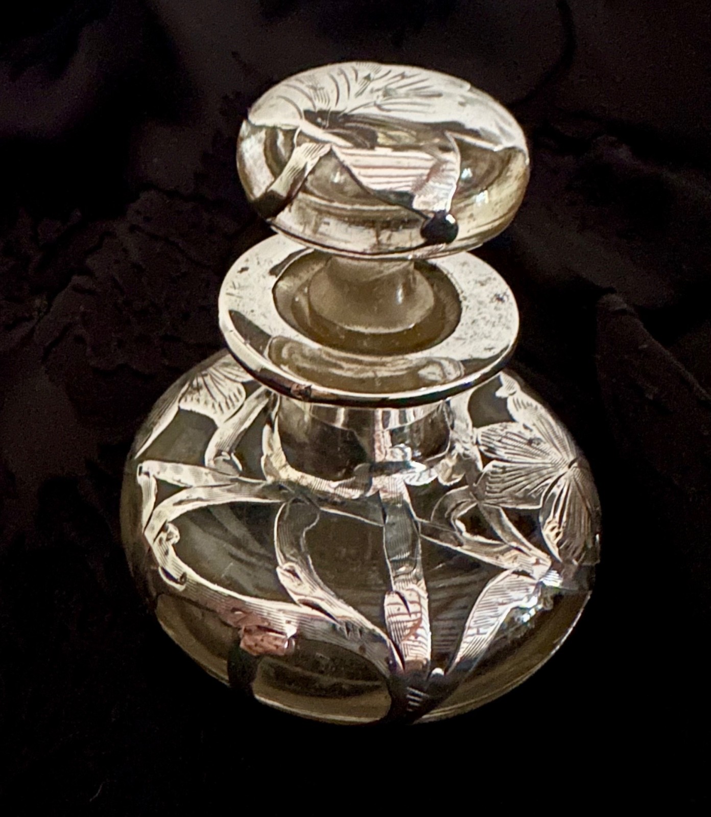 Antique Art Nouveau Sterling Silver Overlay Clear Glass Scent/Perfume Bottle