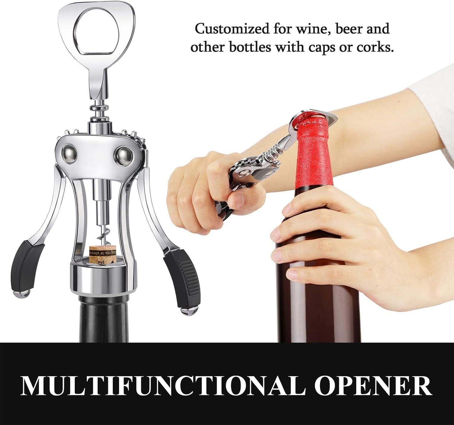 Wine Opener, Heavy-Duty Zinc Alloy Wing Corkscrew, Premium Beer Bottle Opener, M