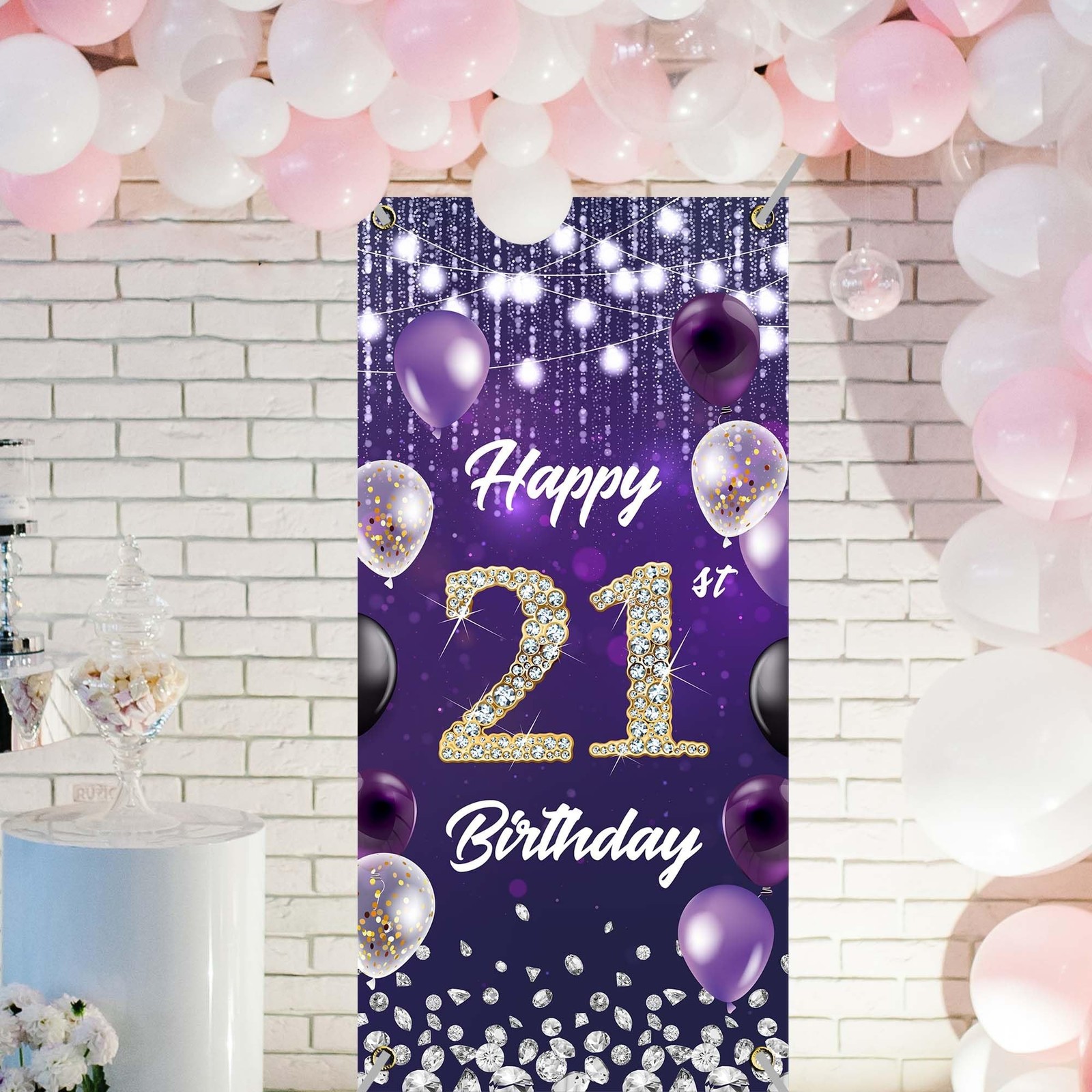 Happy 21st Birthday Backdrop Banner Purple Theme Background with Shiny Diamon...