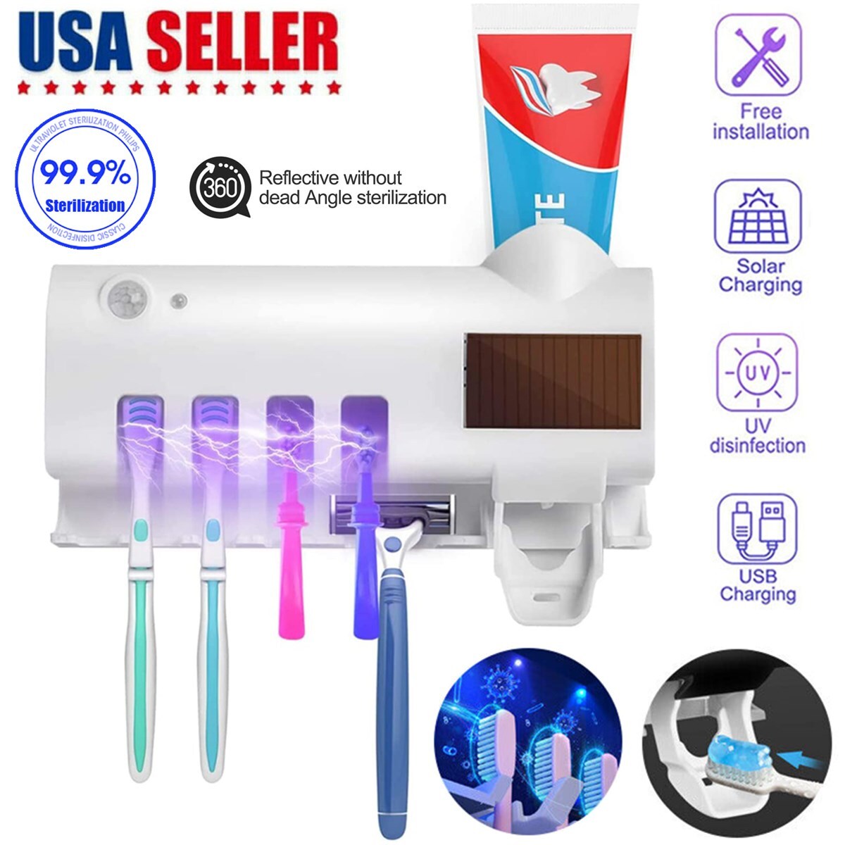 UV Light Sterilizer Toothbrush Holder Cleaner and Automatic Toothpaste Dispenser