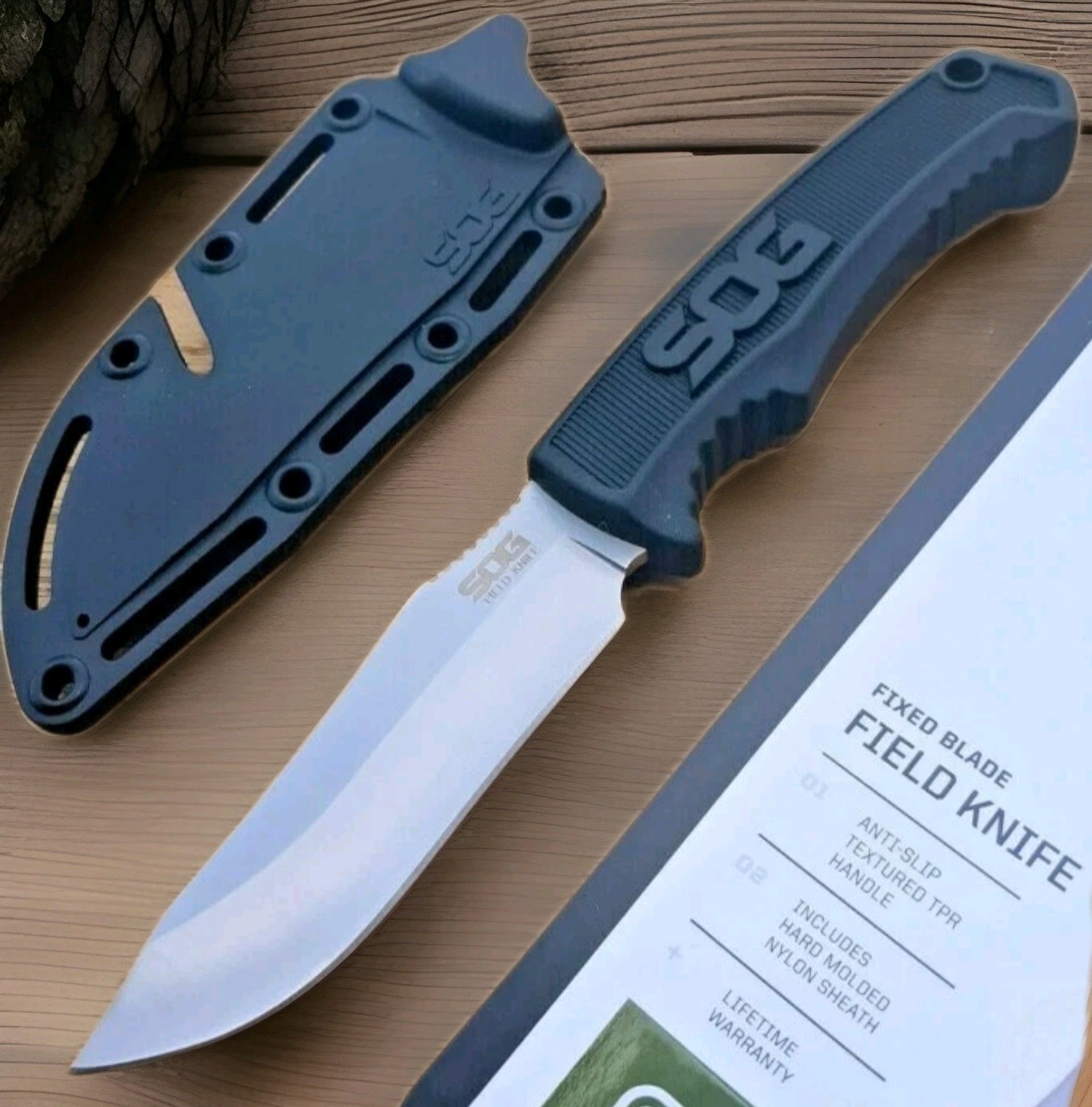 SOG Field Fixed Blade Knife 7Cr17MoV Steel Full Tang w/ Sheath Black TPR 4"