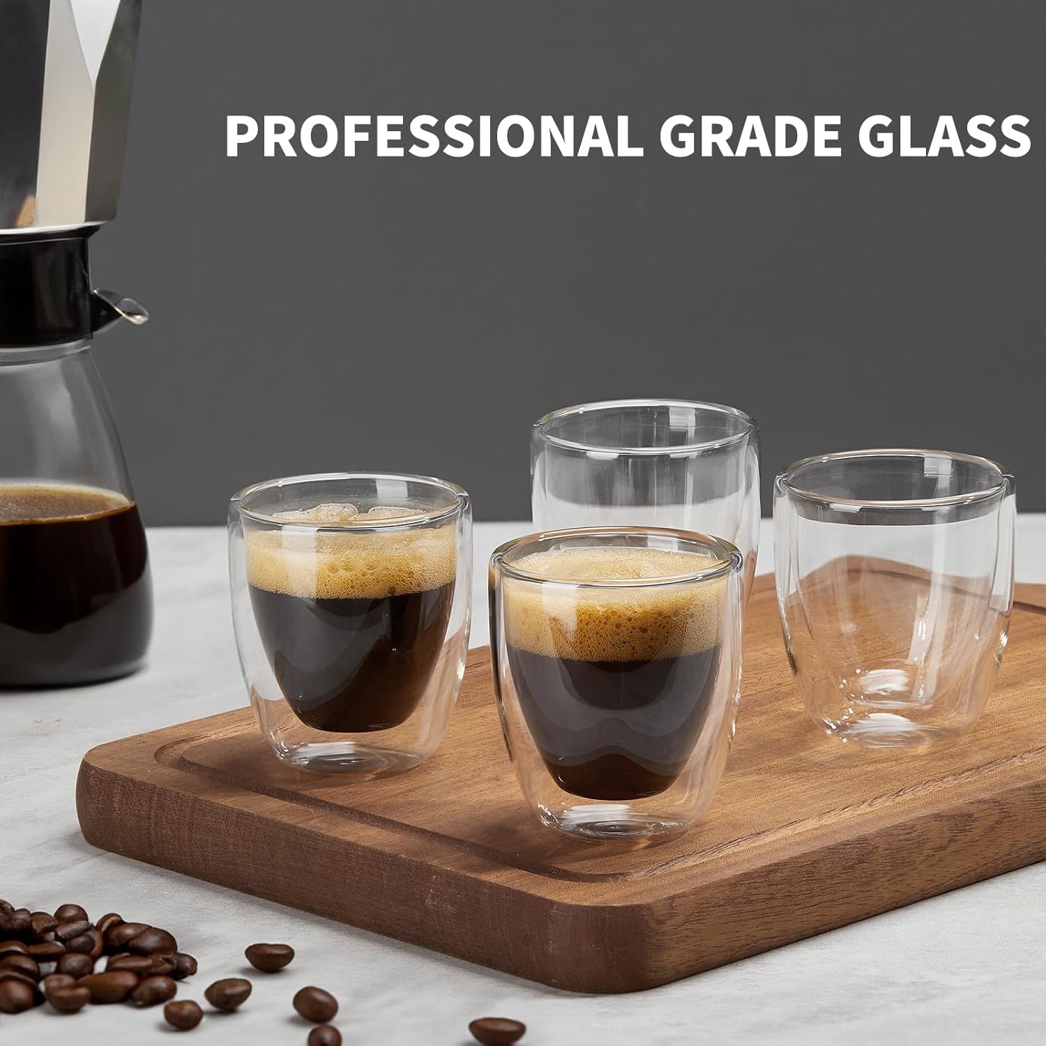 Double Walled Espresso Cups Set of 4 (50% Thicker), 3 Ounce Clear Expresso Coffe