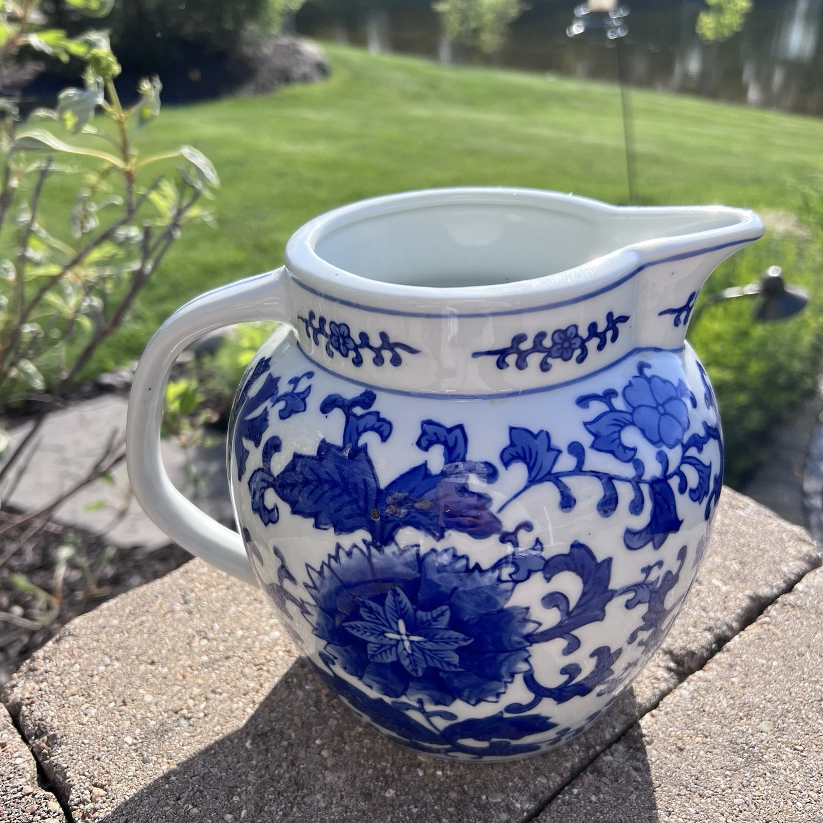 XL Pitcher Pitcher Blue & White Porcelain 60 oz Hand Painted Glaze Floral 9.25”