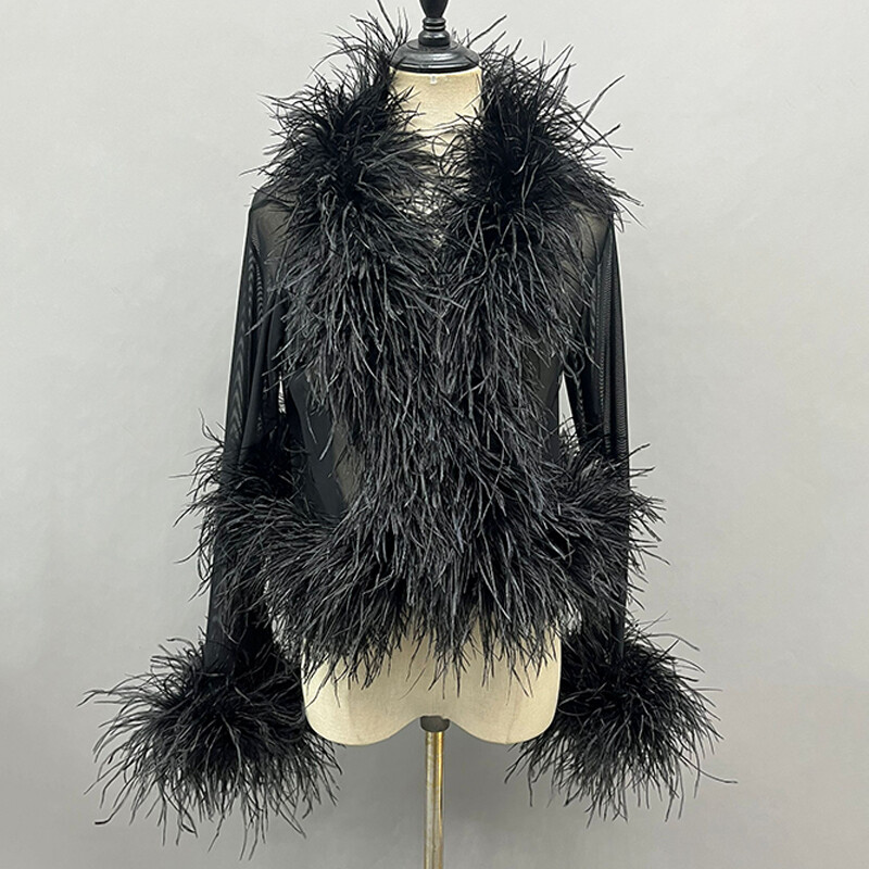 Lady Ostrich Feather Top Cardigan Mesh Sexy See Through Fluffy Feather Blouse