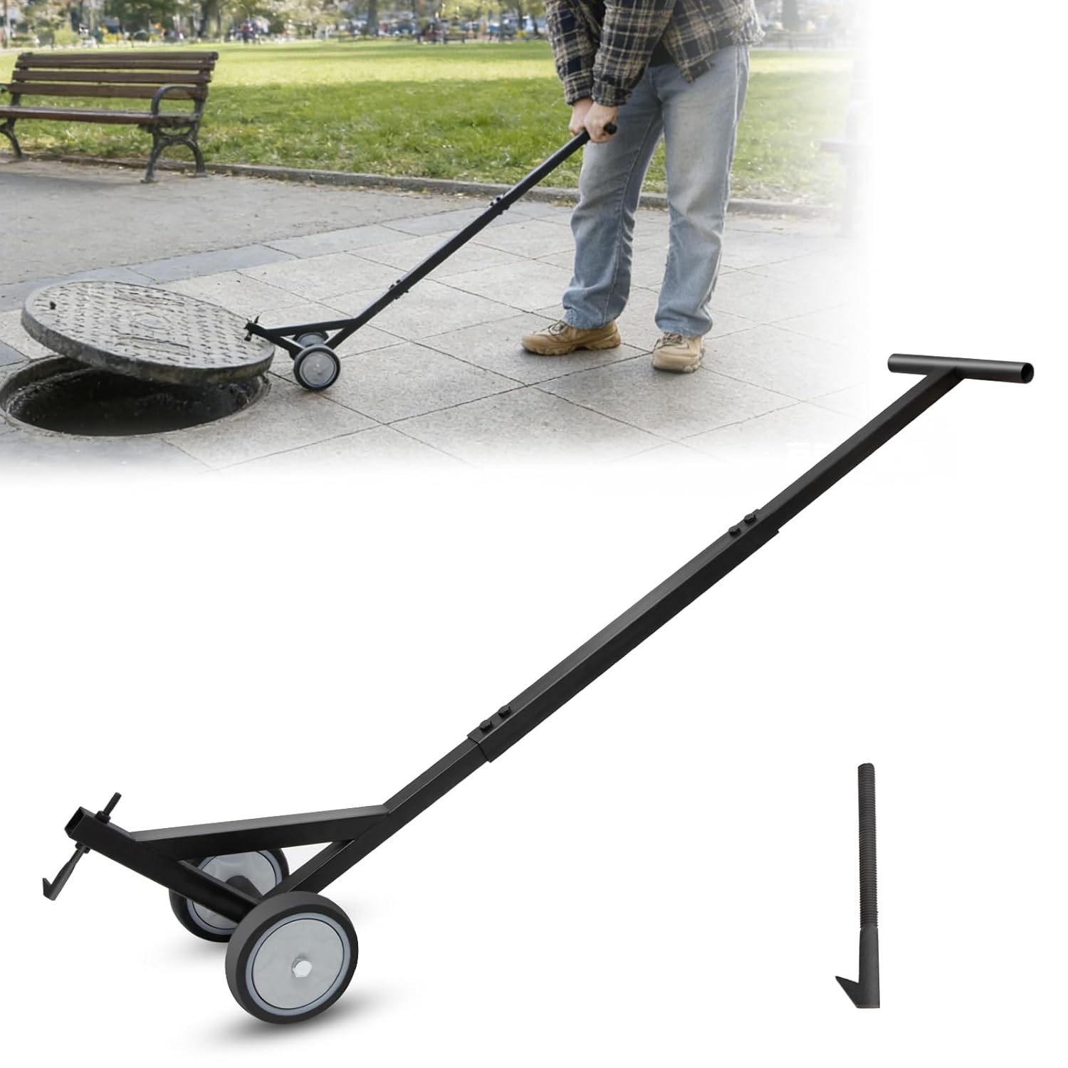 Heavy Duty Manhole Cover Hook with Wheels,Multipurpose Lifting and Pulling