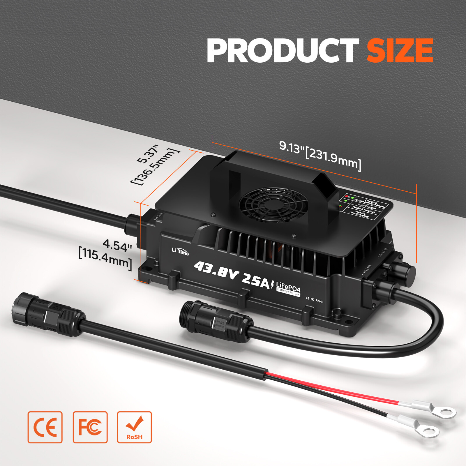 LiTime 36V(43.8V) 25A Smart AC-DC Waterproof Charger for Lithium LiFePO4 Battery