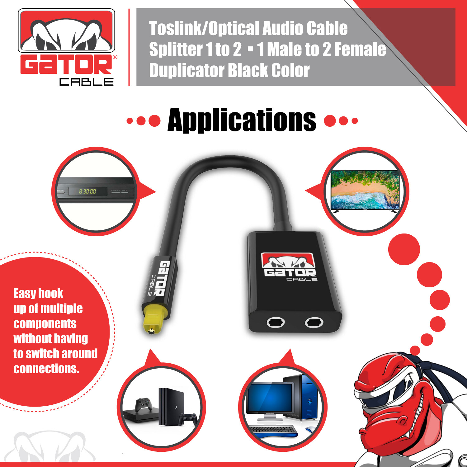 Dual Port Toslink Digital Fiber Optical Adapter Splitter Audio Cable 1 In 2 Out