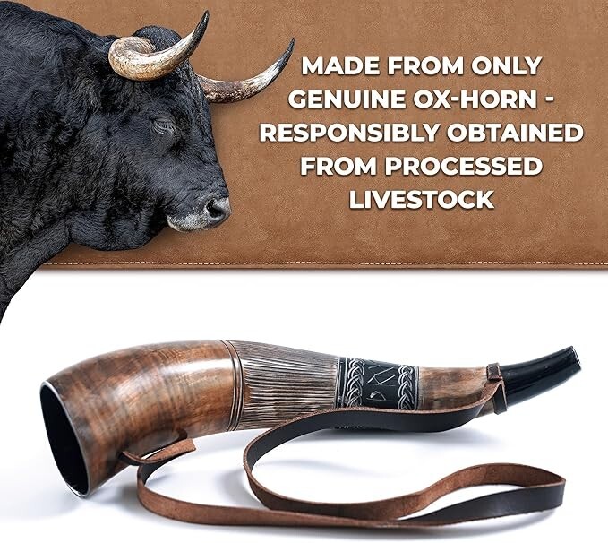 Viking War Horn - 16" Genuine Ox-Horn Battle Trumpet Premium Hand Engraved