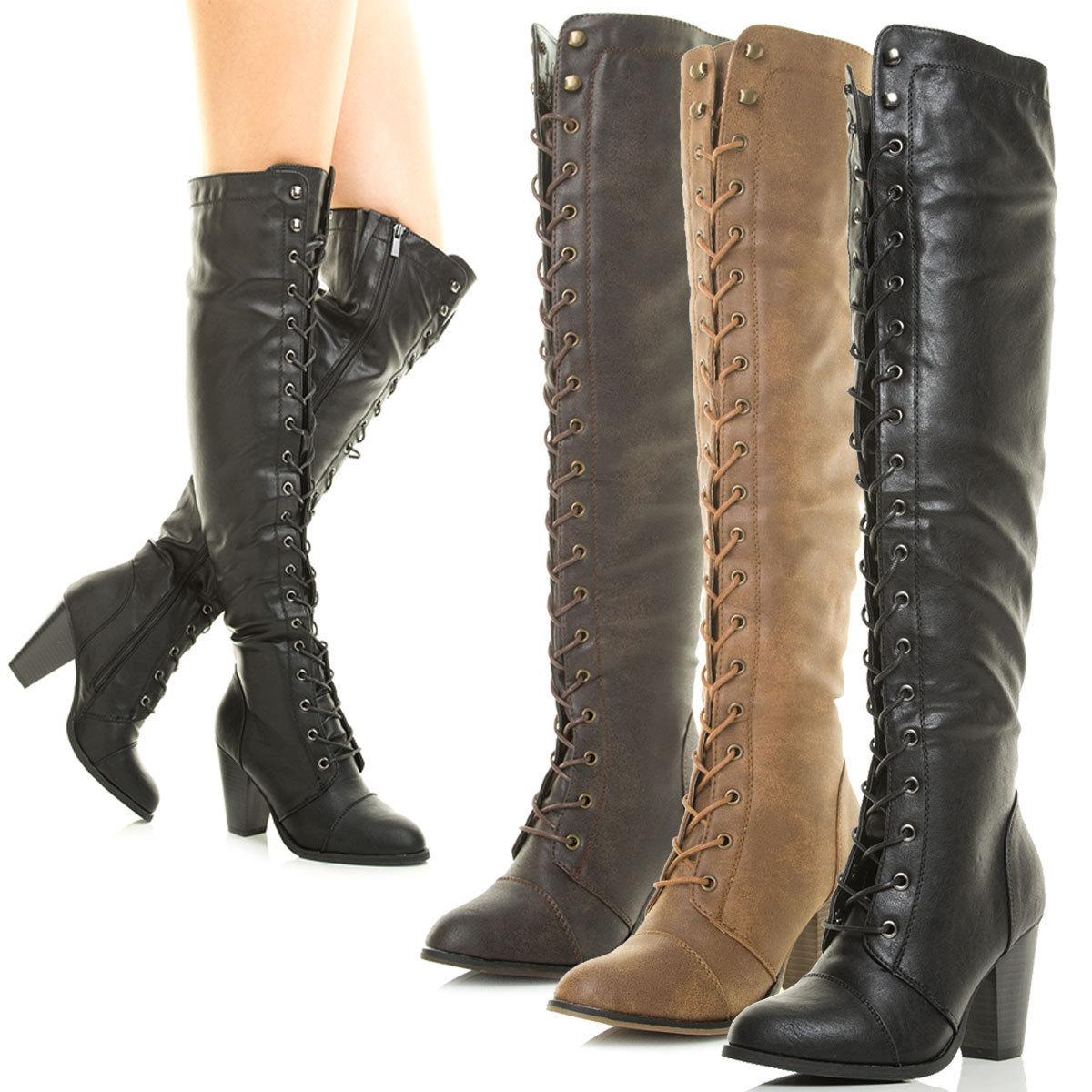 New Lace Up Combat Boots Almond Toe Over Knee Thigh High Block Chunky Thick Heel