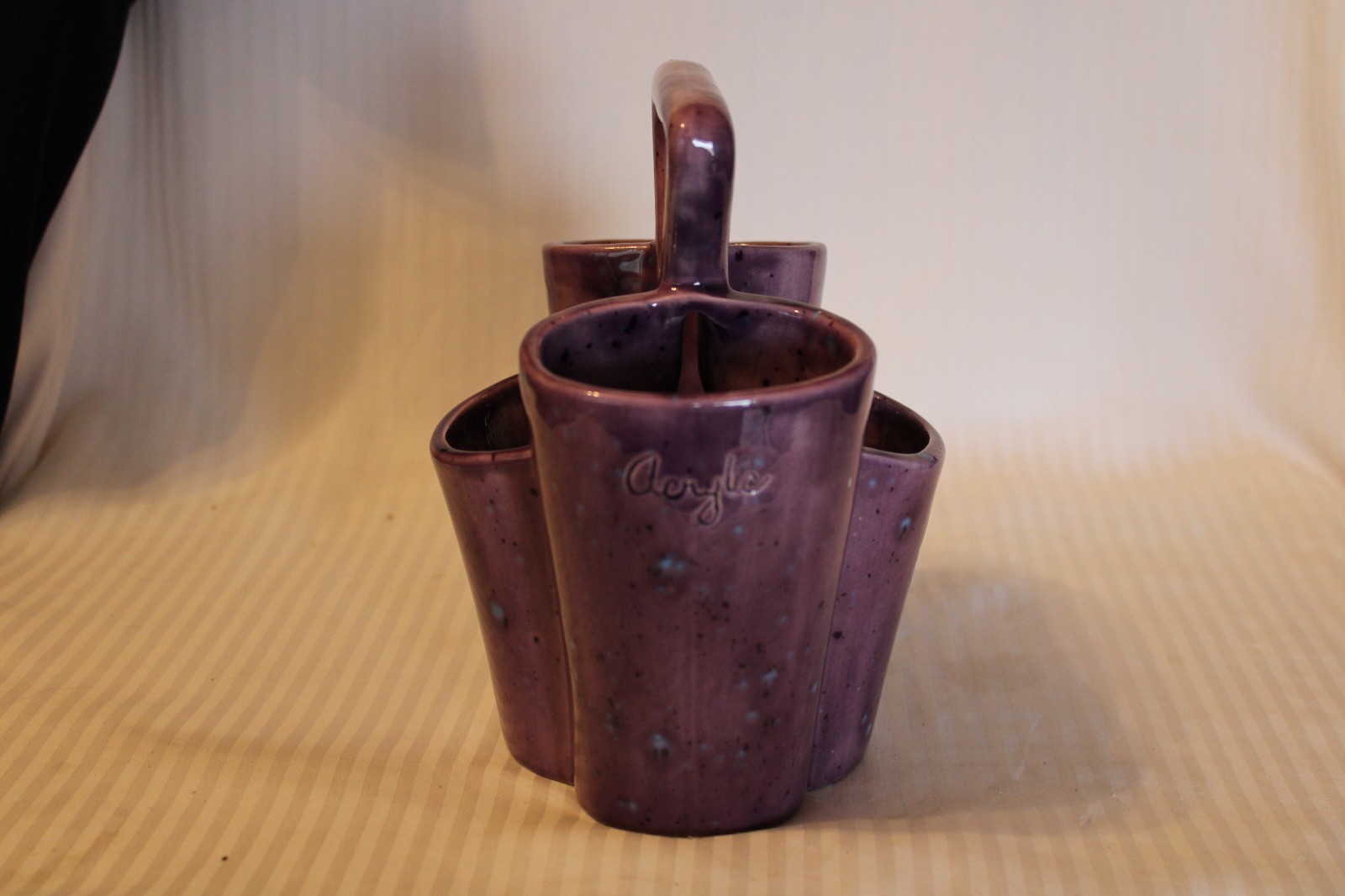 Vintage Splatter Purple Paint Ceramic Pen Artists Brush Holder Caddy 4 hole