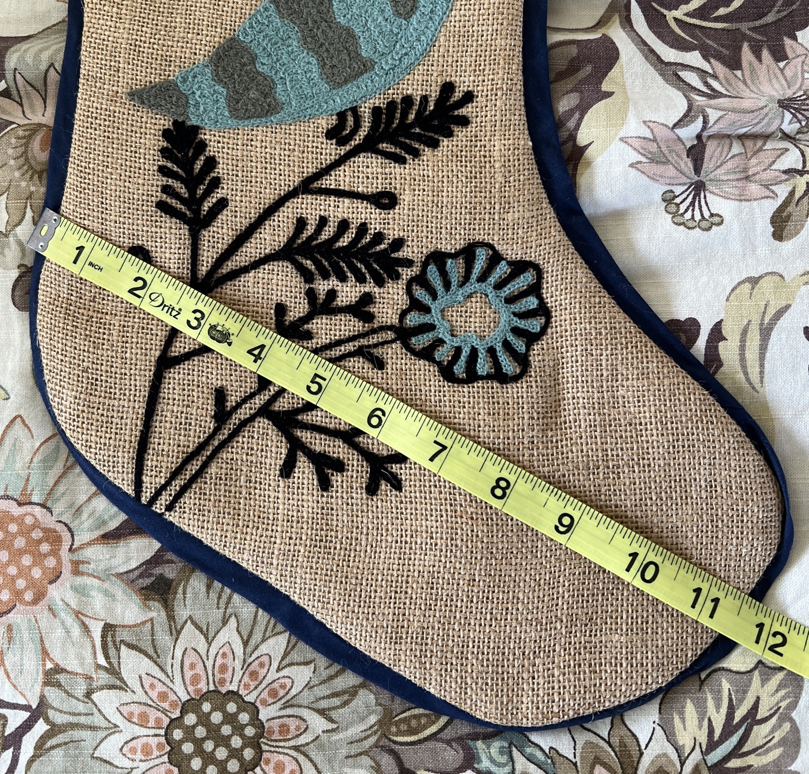 ARCADIA HOME CHRISTMAS STOCKING 100% JUTE EMBROIDERED BLUE BIRD AND FLOWERS