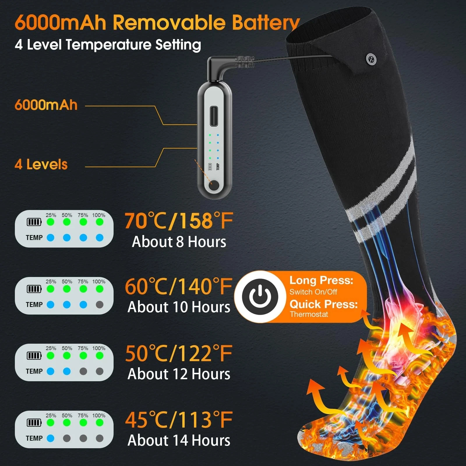 HEATED SOCKS 6000mAh RECHARGEABLE - 4 MODES INDOOR OUTDOOR SPORTS WARMERS