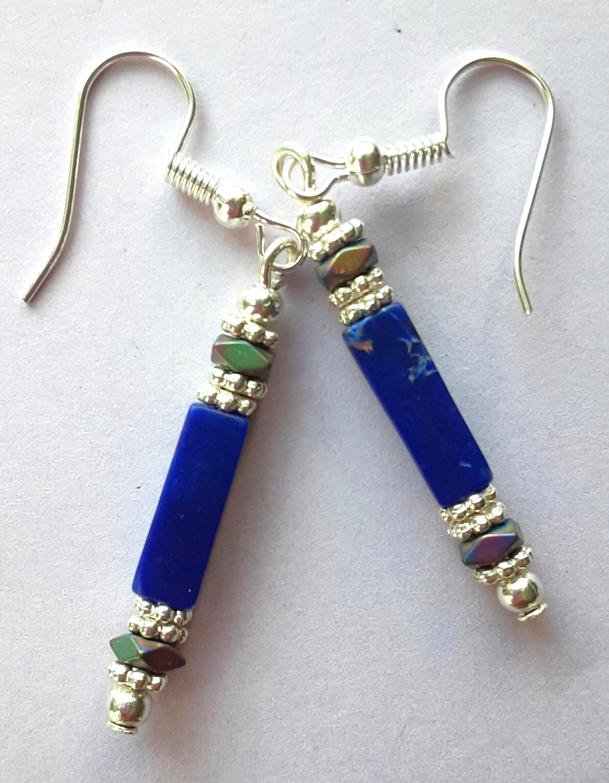 JASPER royal blue Hematite Crystal earring SP Fish Hook handcrafted XGE