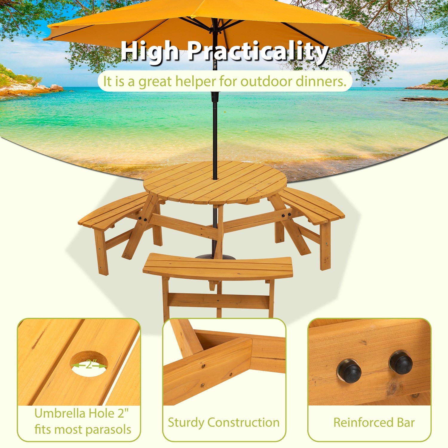 6-Person Circular Outdoor Wooden Picnic Table with 3 Built-in Benches for Patio