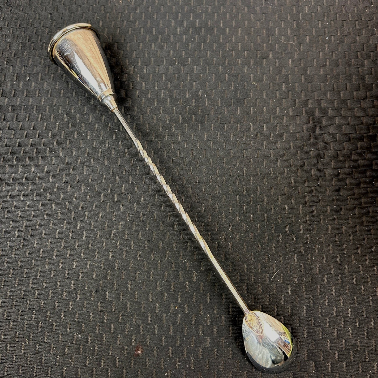 Vintage Silver Tone Twisted Handle Bar Spoon with Bell End Jigger 11 Inch