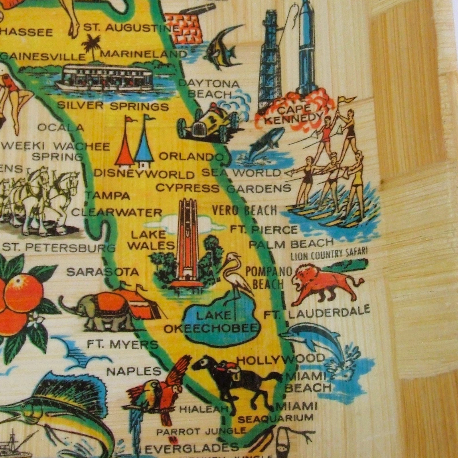 Carrib Novelty Florida State Map Square 11" Bamboo Bowl Retro Inspired Souvenir