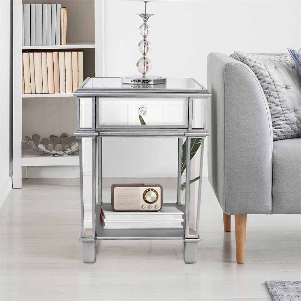Drawer Mirrored Nightstand Side End Table Bedside Table for Bedroom Living Room