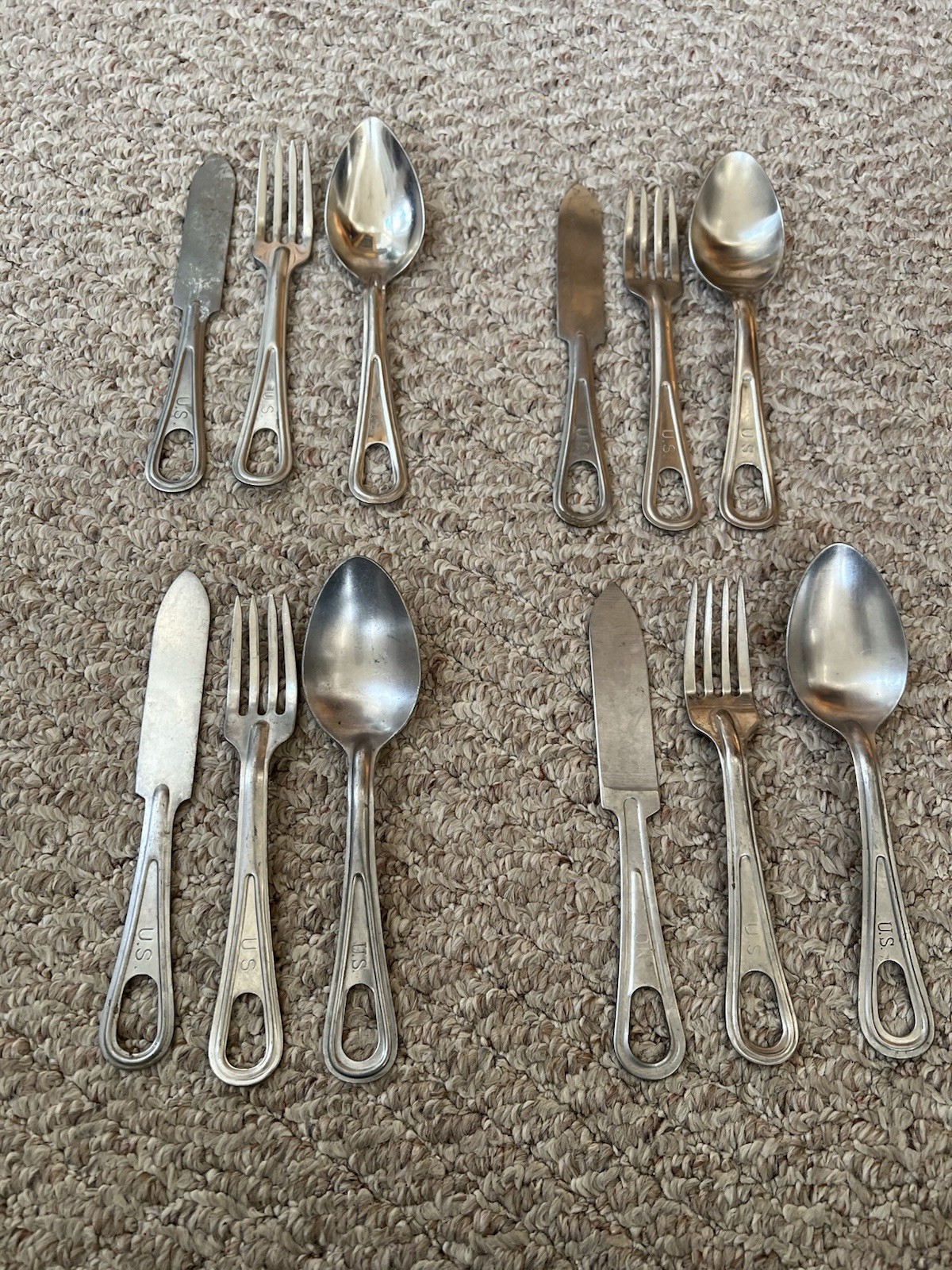 Set Of 4 Vintage U.S. Military Mess Kit Utensil Sets - Knife, Fork, Spoon