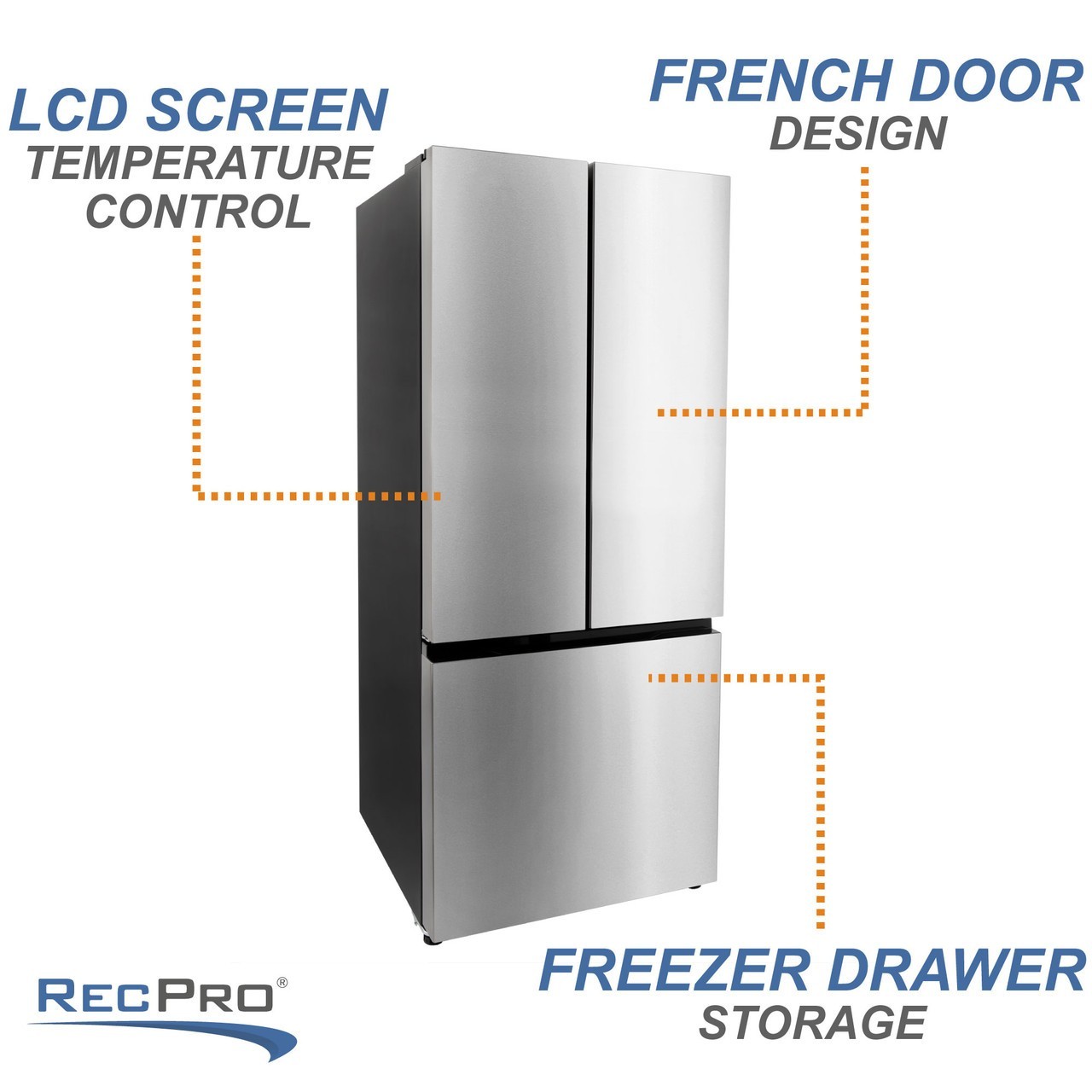 RecPro RV Refrigerator Stainless Steel | 16 Cubic Feet | 12-Volt | French Style