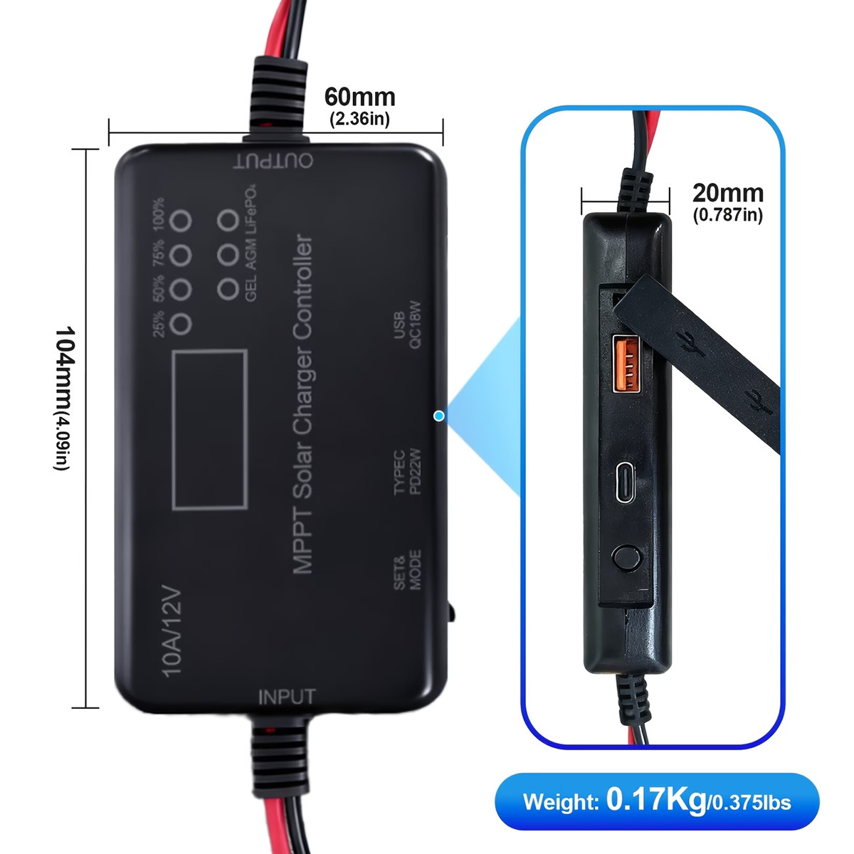 Solar Charge Controller 12V 10A MPPT Solar Panel Charge Controller Type-C & USB