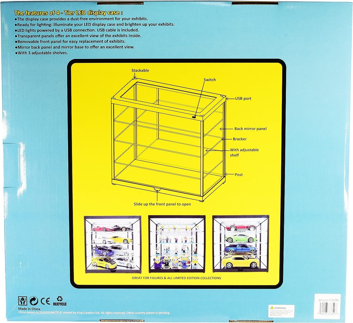 Car Display Case 4 Tier Acrylic LED Light 1/18 Model 1/24 Diecast 1/64 Cabinet