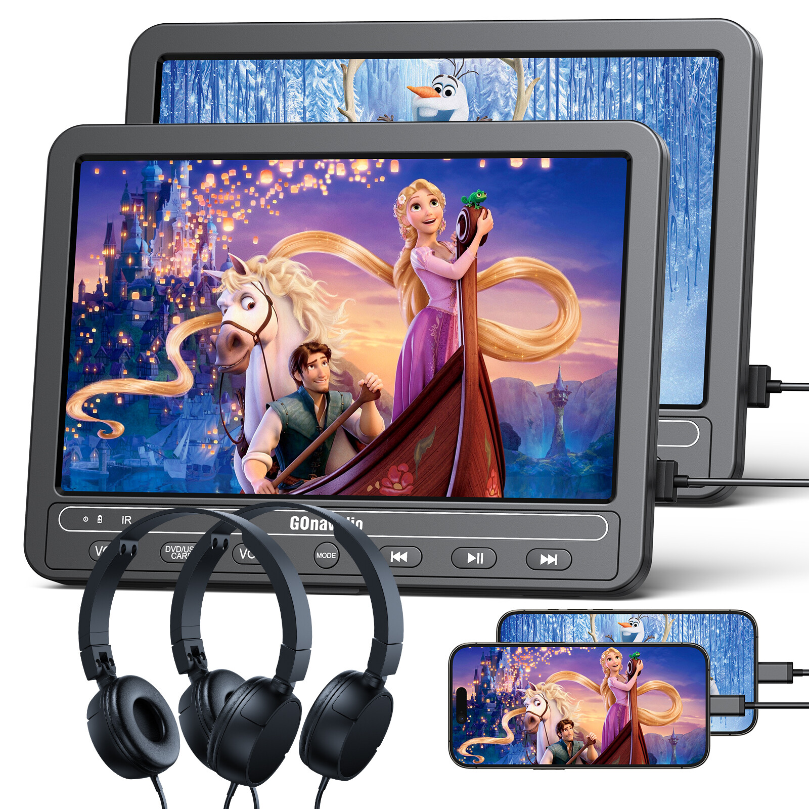 2x10.5" Car Headrest Monitor TV Dual DVD Player USB SD With Headset Rechargeable